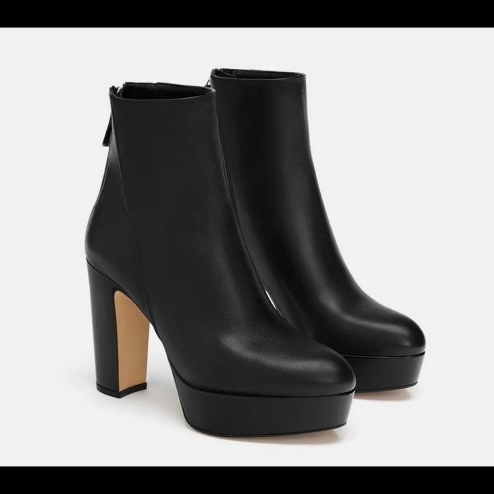 Zara Black Leather Heeled Platform Ankle Boots 39
